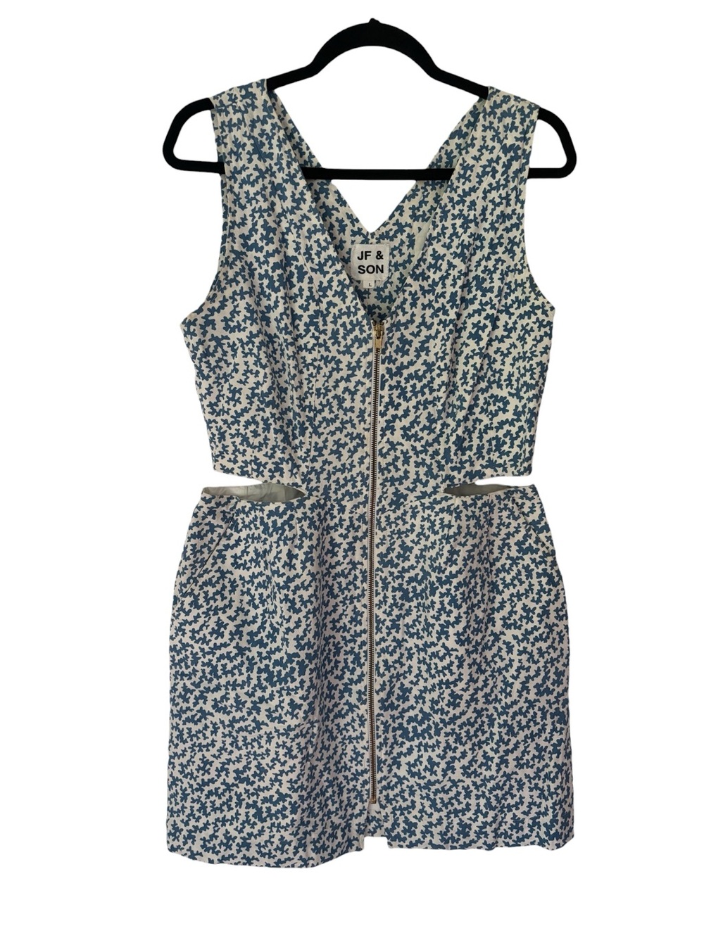 100% Cotton Blue Floral Zip-Front Women’s Dress with Cutouts